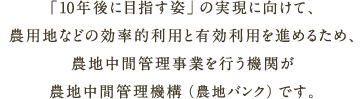 「10年後に目指す姿」の実現に向けて、農用地などの効率的利用と有効利用を進めるため、農地中間管理事業を行う農地中間管理機構（農地集積バンク）を設立しました。